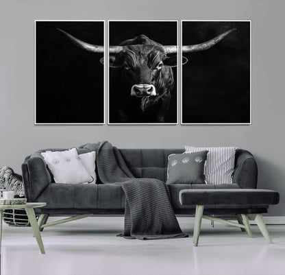 42077175-MGV-CV-36X24-Texas Longhorn Wall Art Canvas Print, Framed Monochrome Bull Art Picture Print, Horned Bull Perfect Rustic Western Decor Artwork