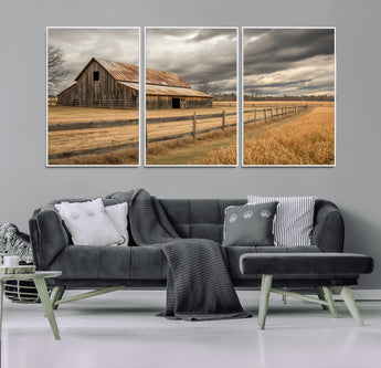 26821575-MGV-FC-60X30-3P_White-Old Barn Wall Art Canvas Print, Framed Rustic Barn Art Picture Print, Moody Farm Perfect Rustic Farmhouse Decor Artwork
