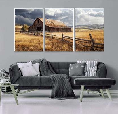 38758826-MGV-CV-36X24-Rustic Barn Wall Art Canvas Print, Framed Moody Barn Art Picture Print, Golden Field Perfect Rustic Farmhouse Decor Artwork
