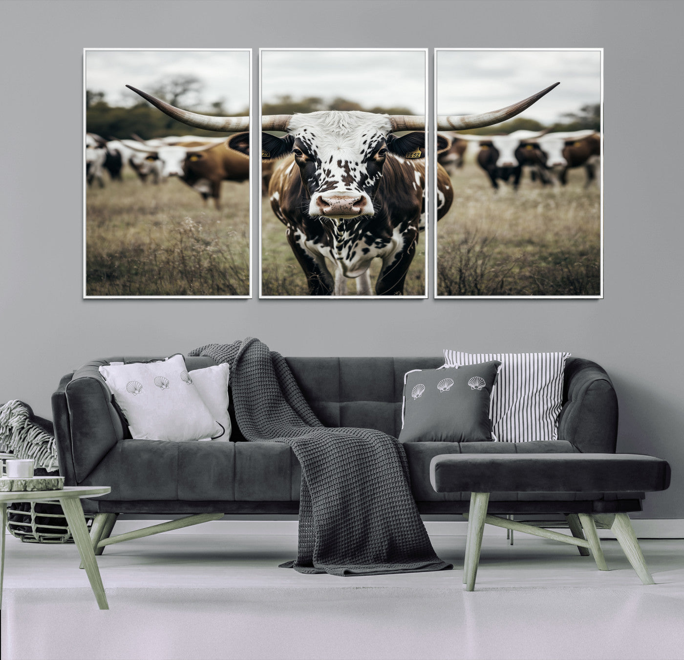 79025945-MGV-FC-60X30-3P_White-Texas Longhorn Wall Art Canvas Print, Framed Speckled Cow Art Picture Print, Horned Cattle Perfect Rustic Western Decor Artwork
