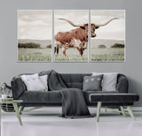 28309012-MGV-CV-36X24-Texas Longhorn Wall Art Canvas Print, Framed Spotted Cattle Art Picture Print, Horned Bull Perfect Rustic Western Decor Artwork