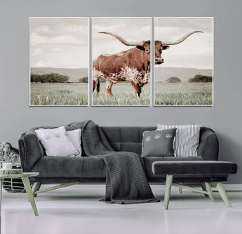 28309012-MGV-CV-36X24-Texas Longhorn Wall Art Canvas Print, Framed Spotted Cattle Art Picture Print, Horned Bull Perfect Rustic Western Decor Artwork