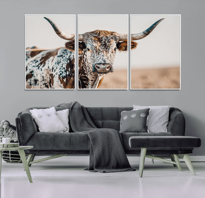 70414966-MGV-CV-36X24-Texas Longhorn Wall Art Canvas Print, Framed Speckled Cow Art Picture Print, Horned Bull Perfect Rustic Western Decor Artwork
