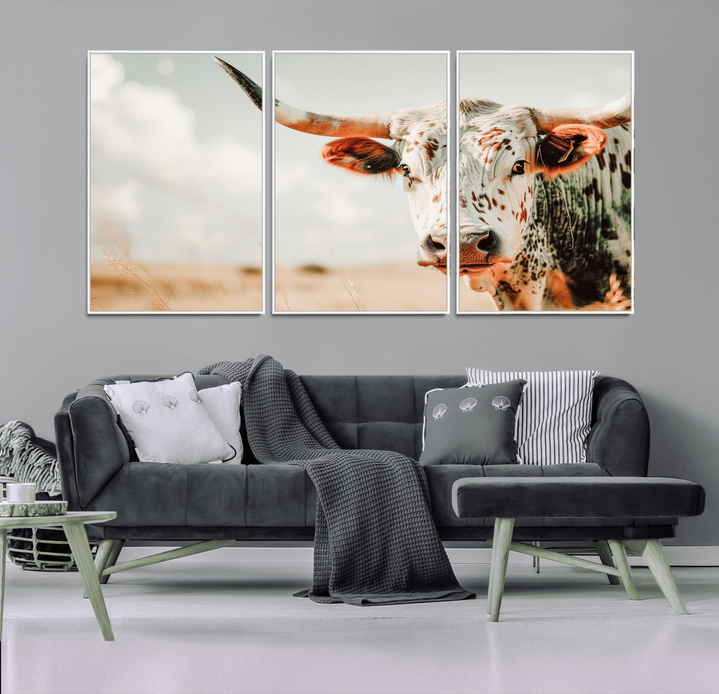 72766375-MGV-CV-36X24-Texas Longhorn Wall Art Canvas Print, Framed Spotted Cow Art Picture Print, Horned Cattle Perfect Rustic Western Decor Artwork