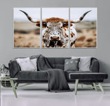 76294381-MGV-FC-60X30-3P_White-Texas Longhorn Wall Art Canvas Print, Framed Spotted Cow Art Picture Print, Horned Cattle Perfect Rustic Western Decor Artwork