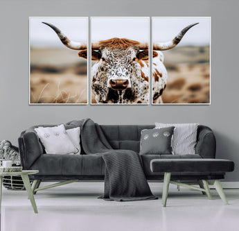 76294381-MGV-FC-60X30-3P_White-Texas Longhorn Wall Art Canvas Print, Framed Spotted Cow Art Picture Print, Horned Cattle Perfect Rustic Western Decor Artwork