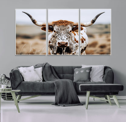 76294381-MGV-FC-60X30-3P_White-Texas Longhorn Wall Art Canvas Print, Framed Spotted Cow Art Picture Print, Horned Cattle Perfect Rustic Western Decor Artwork