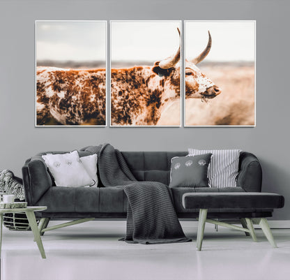 11528295-MGV-CV-36X24-Speckled Longhorn Wall Art Canvas Print, Framed Texas Cattle Art Picture Print, Horned Cow Perfect Rustic Western Decor Artwork