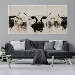 12027562-MGV-CV-36X24-Longhorn Cattle Wall Art Canvas Print, Framed Bison Herd Art Picture Print, Cattle Group Perfect Rustic Farmhouse Decor Artwork