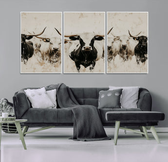 12027562-MGV-CV-36X24-Longhorn Cattle Wall Art Canvas Print, Framed Bison Herd Art Picture Print, Cattle Group Perfect Rustic Farmhouse Decor Artwork
