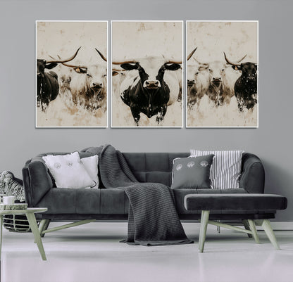 12027562-MGV-CV-36X24-Longhorn Cattle Wall Art Canvas Print, Framed Bison Herd Art Picture Print, Cattle Group Perfect Rustic Farmhouse Decor Artwork