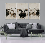 12027562-MGV-FC-60X30-3P_White-Longhorn Cattle Wall Art Canvas Print, Framed Bison Herd Art Picture Print, Cattle Group Perfect Rustic Farmhouse Decor Artwork