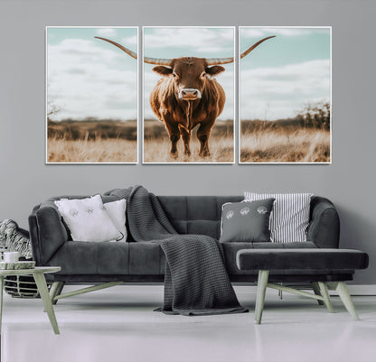 39350715-MGV-CV-36X24-Texas Longhorn Wall Art Canvas Print, Framed Longhorn Cow Art Picture Print, Western Cattle Perfect Rustic Western Decor Artwork