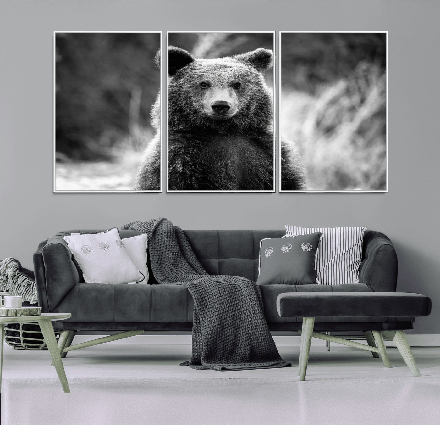 MGV-FC-60X30-3P - Grizzly Bear Wall Art Canvas Print, Framed Black White Bear Art Picture Print, Wild Bear Perfect Rustic Wildlife Decor Artwork