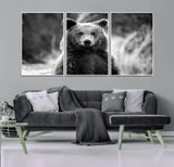 MGV-FC-60X30-3P - Grizzly Bear Wall Art Canvas Print, Framed Black White Bear Art Picture Print, Wild Bear Perfect Rustic Wildlife Decor Artwork