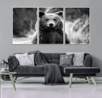 MGV-FC-60X30-3P - Grizzly Bear Wall Art Canvas Print, Framed Black White Bear Art Picture Print, Wild Bear Perfect Rustic Wildlife Decor Artwork