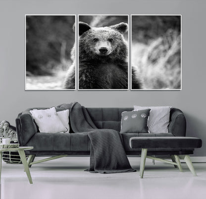 MGV-FC-60X30-3P - Grizzly Bear Wall Art Canvas Print, Framed Black White Bear Art Picture Print, Wild Bear Perfect Rustic Wildlife Decor Artwork