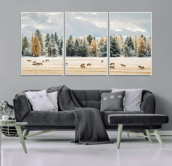 64188182-MGV-CV-36X24-Elk Herd Wall Art Canvas Print, Framed Snowy Forest Art Picture Print, Forest Elks Perfect Neutral Rustic Decor Artwork