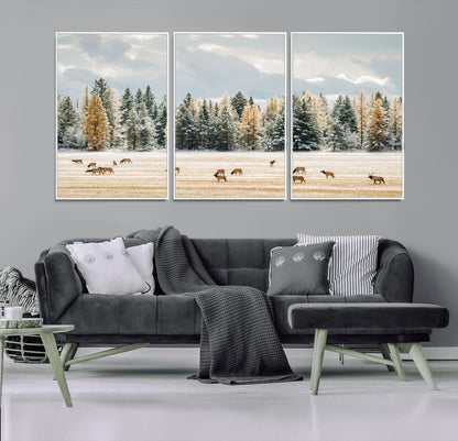 64188182-MGV-CV-36X24-Elk Herd Wall Art Canvas Print, Framed Snowy Forest Art Picture Print, Forest Elks Perfect Neutral Rustic Decor Artwork