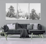 55003599-MGV-CV-36X24-Snowy Ski Lift Wall Art Canvas Print, Framed Winter Forest Art Picture Print, Ski lift Ride Perfect Winter Lodge Decor Artwork