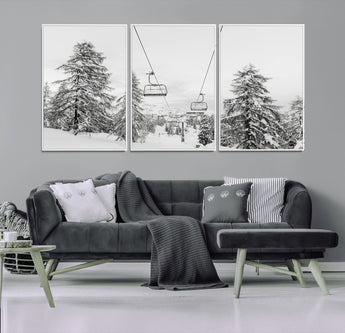 55003599-MGV-CV-36X24-Snowy Ski Lift Wall Art Canvas Print, Framed Winter Forest Art Picture Print, Ski lift Ride Perfect Winter Lodge Decor Artwork