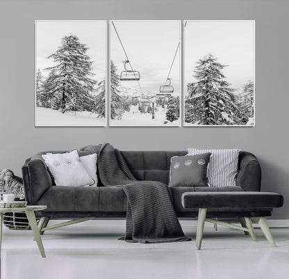 55003599-MGV-CV-36X24-Snowy Ski Lift Wall Art Canvas Print, Framed Winter Forest Art Picture Print, Ski lift Ride Perfect Winter Lodge Decor Artwork