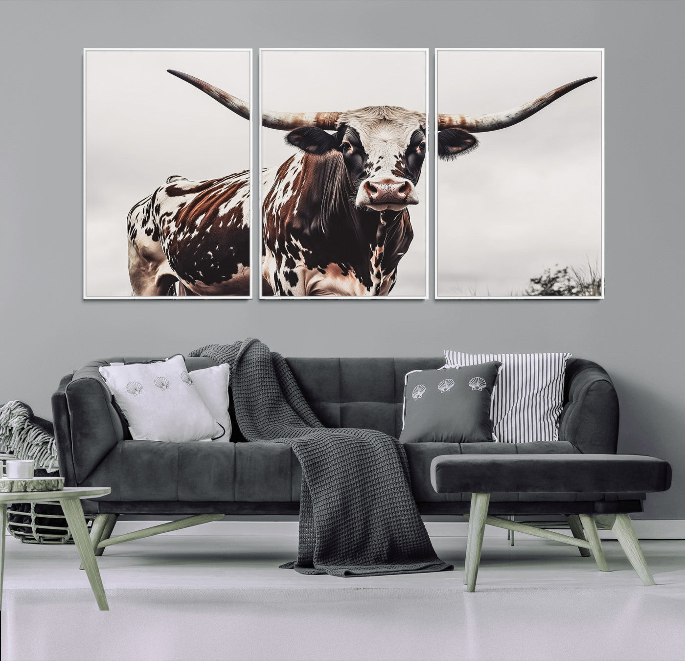 95249234-MGV-CV-36X24-Texas Longhorn Wall Art Canvas Print, Framed Spotted Bull Art Picture Print, Horned Cattle Perfect Rustic Farmhouse Decor Artwork