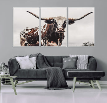 95249234-MGV-CV-36X24-Texas Longhorn Wall Art Canvas Print, Framed Spotted Bull Art Picture Print, Horned Cattle Perfect Rustic Farmhouse Decor Artwork