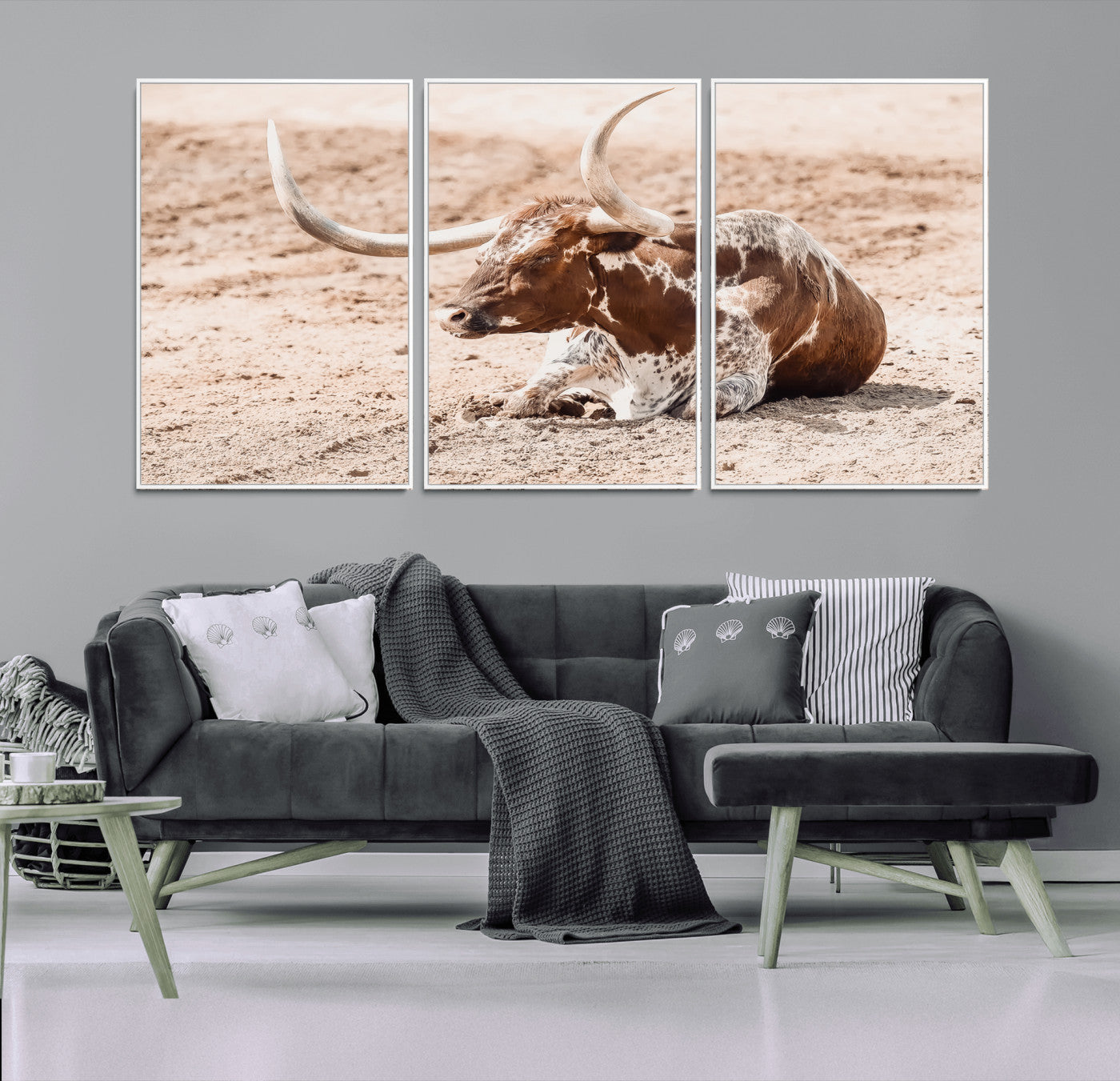 91248682-MGV-CV-36X24-Texas Longhorn Wall Art Canvas Print, Framed Resting Bull Art Picture Print, Spotted Cattle Perfect Rustic Western Decor Artwork