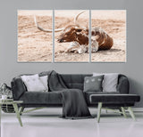 91248682-MGV-CV-36X24-Texas Longhorn Wall Art Canvas Print, Framed Resting Bull Art Picture Print, Spotted Cattle Perfect Rustic Western Decor Artwork