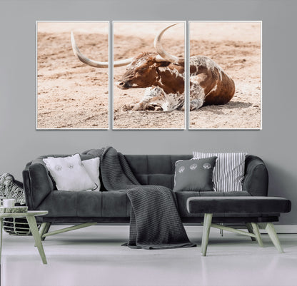 91248682-MGV-CV-36X24-Texas Longhorn Wall Art Canvas Print, Framed Resting Bull Art Picture Print, Spotted Cattle Perfect Rustic Western Decor Artwork