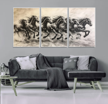 56089591-MGV-FC-60X30-3P_White-Galloping Horses Wall Art Canvas Print, Framed Wild Stallions Art Picture Print, Horse Herd Sketch Perfect Monochrome Dynamic