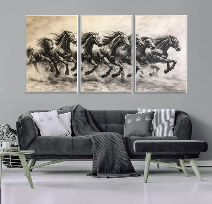 56089591-MGV-CV-36X24-Galloping Horses Wall Art Canvas Print, Framed Wild Stallions Art Picture Print, Horse Herd Sketch Perfect Monochrome Dynamic
