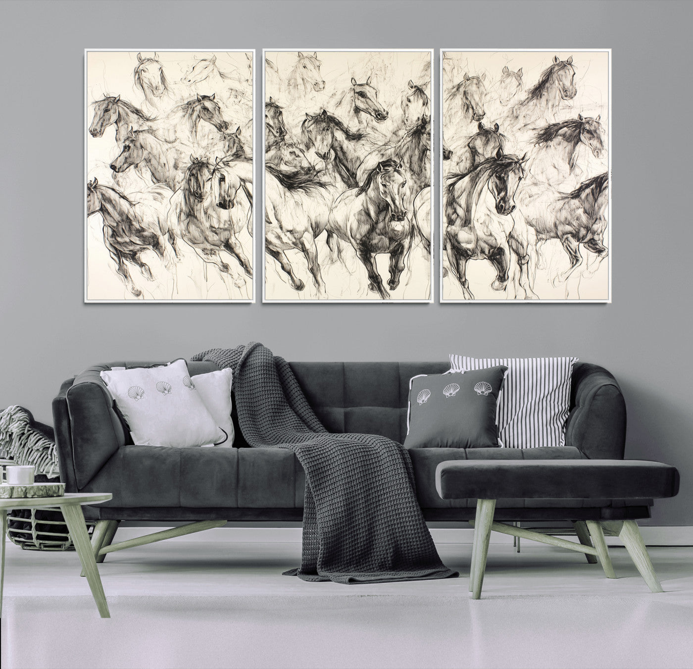 19433417-MGV-FC-60X30-3P_White-Running Horses Wall Art Canvas Print, Framed Horse Sketch Art Picture Print, Galloping Herd Perfect Monochrome Western Decor