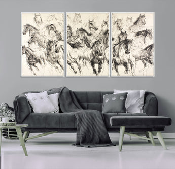 19433417-MGV-FC-60X30-3P_White-Running Horses Wall Art Canvas Print, Framed Horse Sketch Art Picture Print, Galloping Herd Perfect Monochrome Western Decor