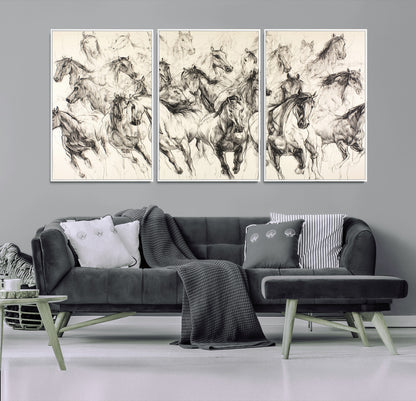 19433417-MGV-FC-60X30-3P_White-Running Horses Wall Art Canvas Print, Framed Horse Sketch Art Picture Print, Galloping Herd Perfect Monochrome Western Decor