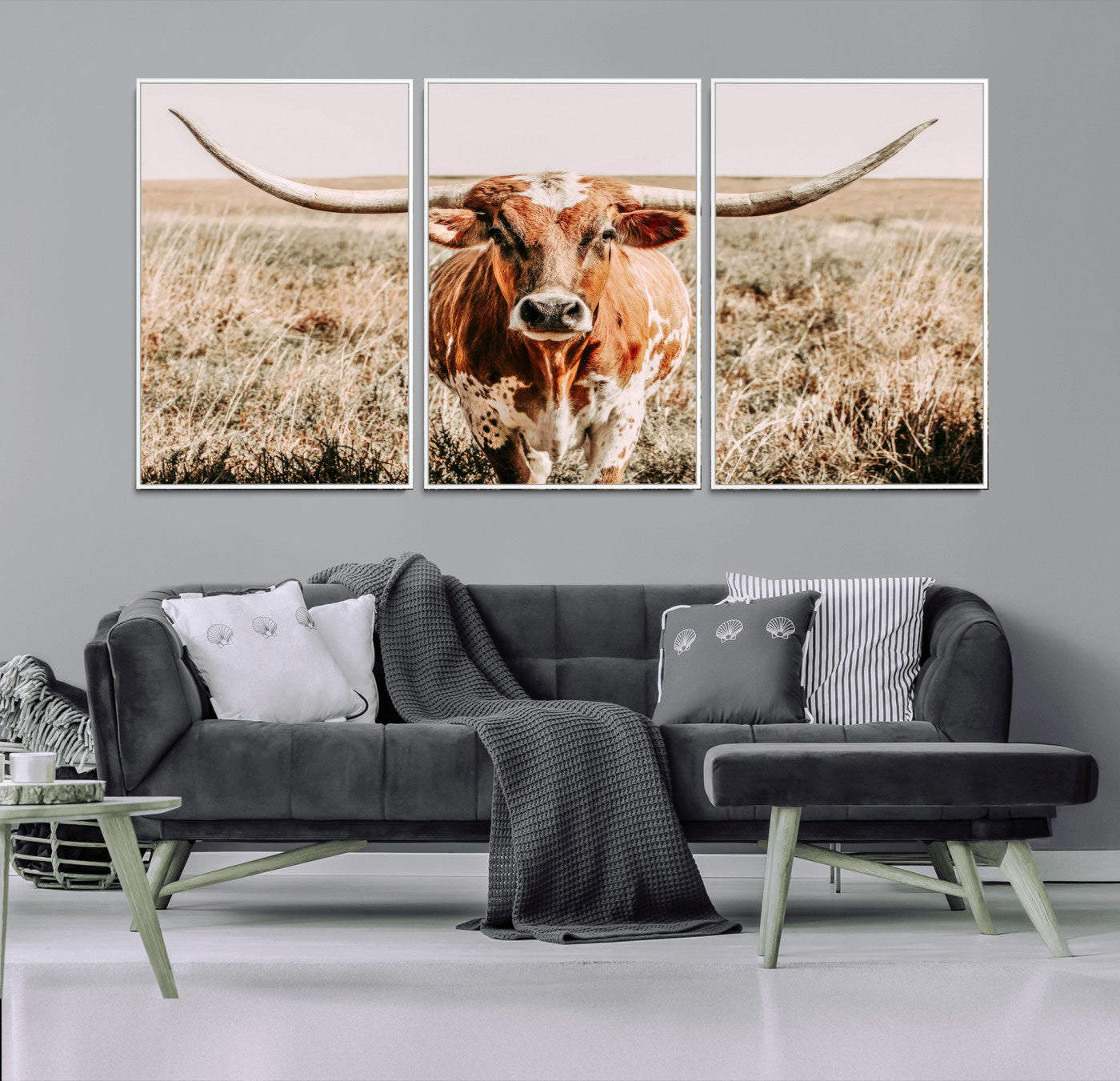54986862-MGV-FC-60X30-3P_White-Majestic Longhorn Wall Art – Canvas Print of Graceful Strength & Bold Spirit, Wild Plains Beauty Nature Inspired Rustic Decor for