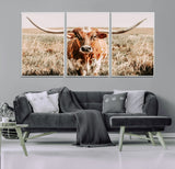 54986862-MGV-FC-60X30-3P_White-Majestic Longhorn Wall Art – Canvas Print of Graceful Strength & Bold Spirit, Wild Plains Beauty Nature Inspired Rustic Decor for