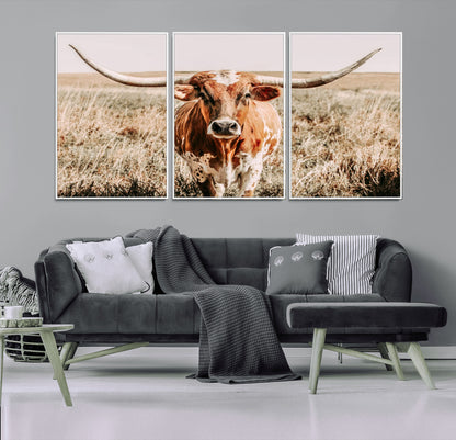 54986862-MGV-FC-60X30-3P_White-Majestic Longhorn Wall Art – Canvas Print of Graceful Strength & Bold Spirit, Wild Plains Beauty Nature Inspired Rustic Decor for