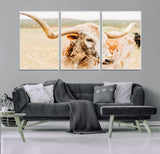 21060648-MGV-FC-60X30-3P_White-Texas Longhorn Wall Art Canvas Print, Framed Speckled Cow Art Picture Print, Rustic Bull Perfect Rustic Western Decor Artwork