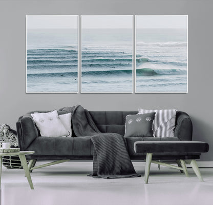73969318-MGV-FC-60X30-3P_White-Ocean Waves Wall Art Canvas Print, Framed Surfer Lineup Art Picture Print, Crowded Ocean Perfect Minimal Coastal Decor Artwork