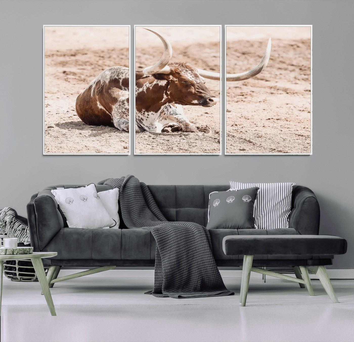 25407592-MGV-FC-60X30-3P_White-Texas Longhorn Wall Art Canvas Print, Framed Resting Bull Art Picture Print, Spotted Cattle Perfect Rustic Western Decor Artwork
