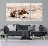 25407592-MGV-FC-60X30-3P_White-Texas Longhorn Wall Art Canvas Print, Framed Resting Bull Art Picture Print, Spotted Cattle Perfect Rustic Western Decor Artwork