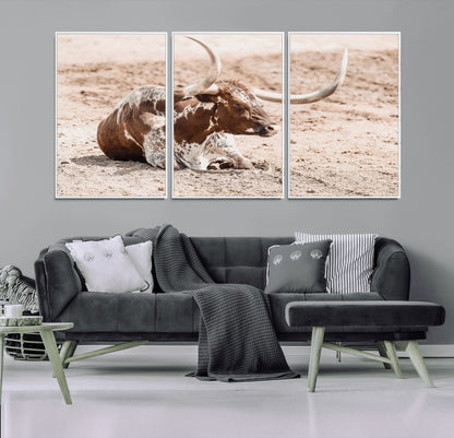 25407592-MGV-FC-60X30-3P_White-Texas Longhorn Wall Art Canvas Print, Framed Resting Bull Art Picture Print, Spotted Cattle Perfect Rustic Western Decor Artwork
