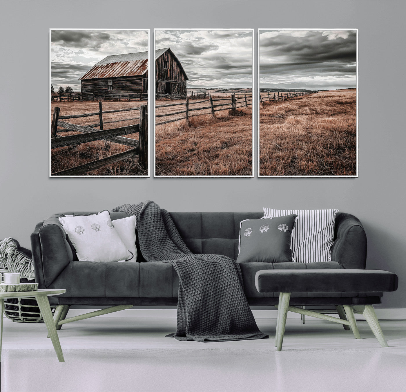 73898372-MGV-FC-60X30-3P_White-Rustic Barn Wall Art Canvas Print, Framed Moody Field Art Picture Print, Weathered Fence Perfect Moody Farmhouse Decor Artwork