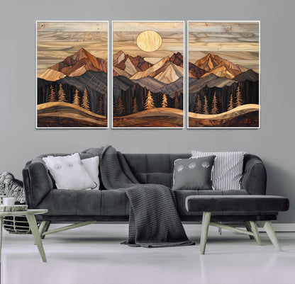 50100230-MGV-FC-60X30-3P_White-Wooden Mountain Wall Art – Rustic Nature Landscape Canvas Print, Handmade Style Sun, Forest, and Peaks Artwork for Living Room,