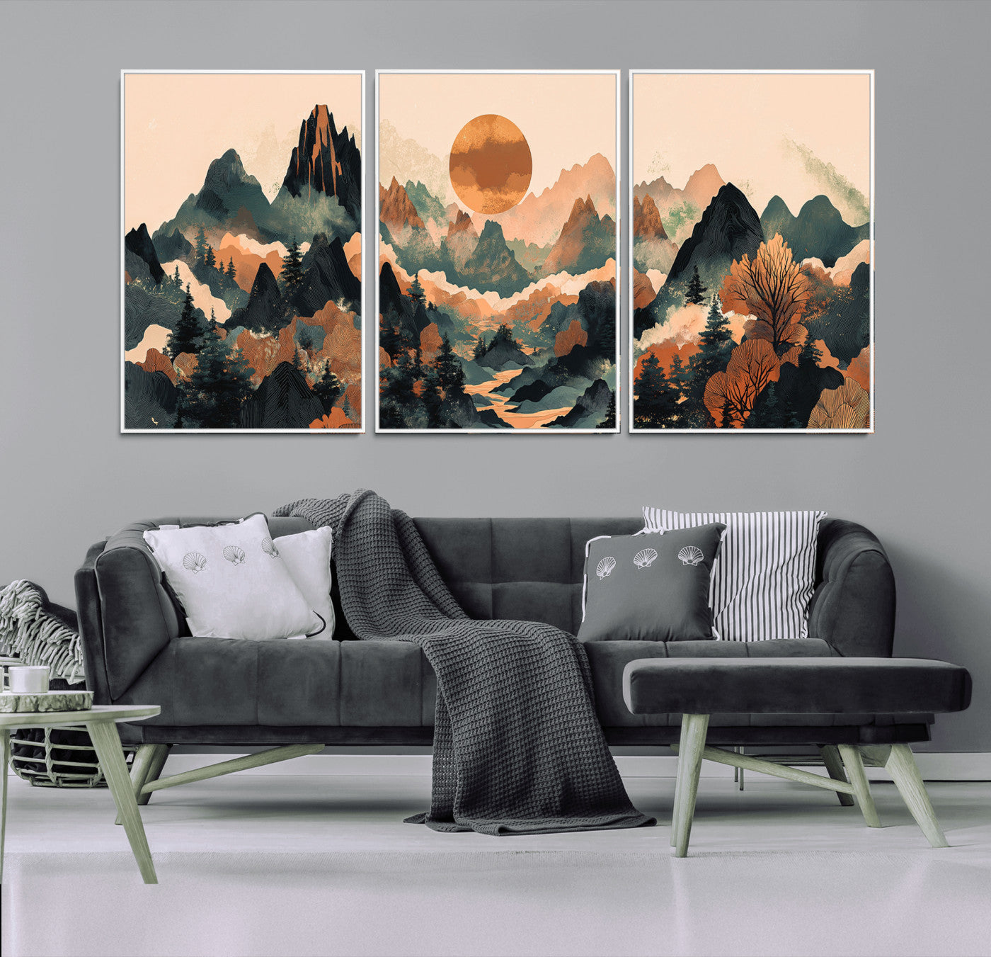 13012770-MGV-CV-36X24-Mountain Landscape Wall Art – Modern Nature Canvas Print with Sun, Misty Peaks, and Forest in Orange and Green Tones for Living