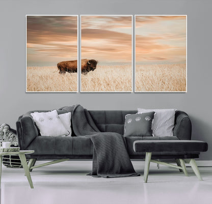 87282289-MGV-FC-60X30-3P_White-Bison Wall Art Canvas Print, Framed Buffalo Art Picture Print, Western Prairie Perfect Rustic Decor Artwork