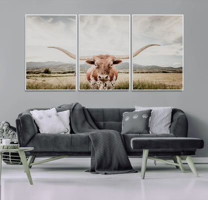 80054319-MGV-FC-60X30-3P_White-Texas Longhorn Wall Art Canvas Print, Framed Western Cow Art Picture Print, Rustic Farmhouse Perfect Farmhouse Decor Artwork
