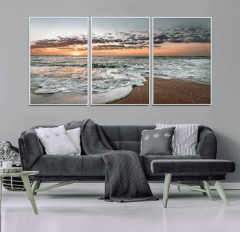 40632752-MGV-CV-36X24-Ocean Sunset Wall Art Canvas Print, Framed Beach Waves Art Picture Print, Coastal Scene Perfect Coastal Decor Artwork